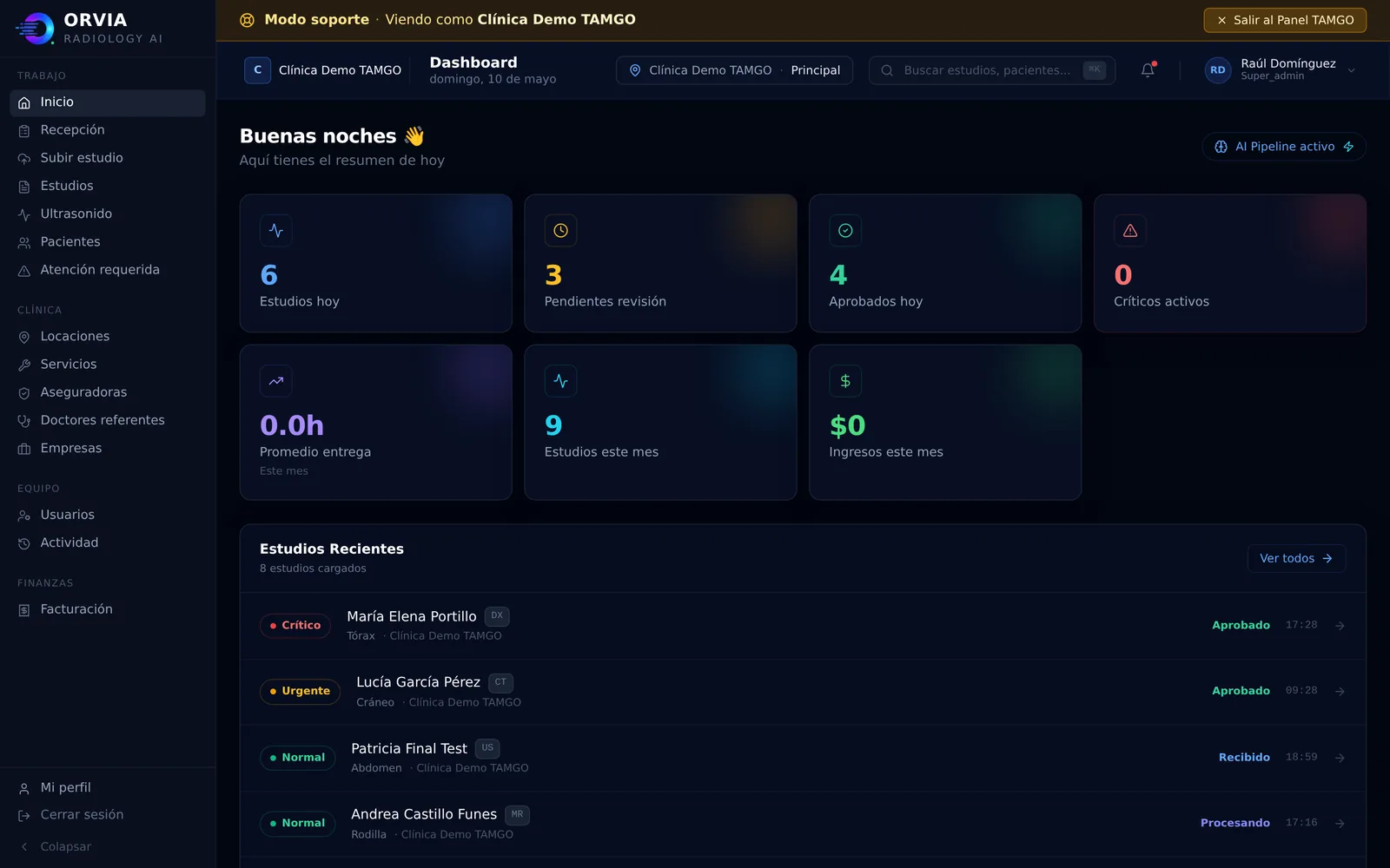 Panel de inicio de ORVIA — dashboard de informes radiológicos con IA